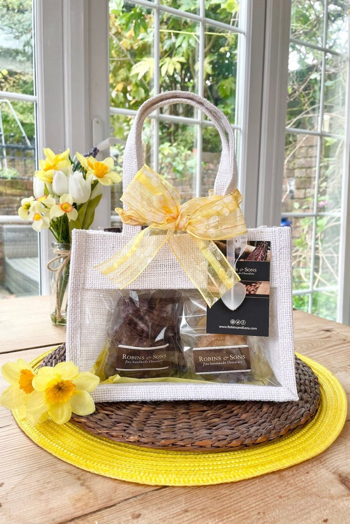 Chocolate lovers gift bag containing an assortment of dark chocolate treats