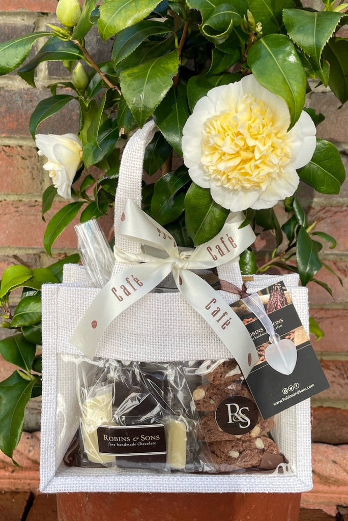 Coffee and chocolate gift bag. White clear fronted gift bag tied with decorative ribbon, containing mug, italian biscuits, chocolates , sugar swizzle sticks and coffee sachets.