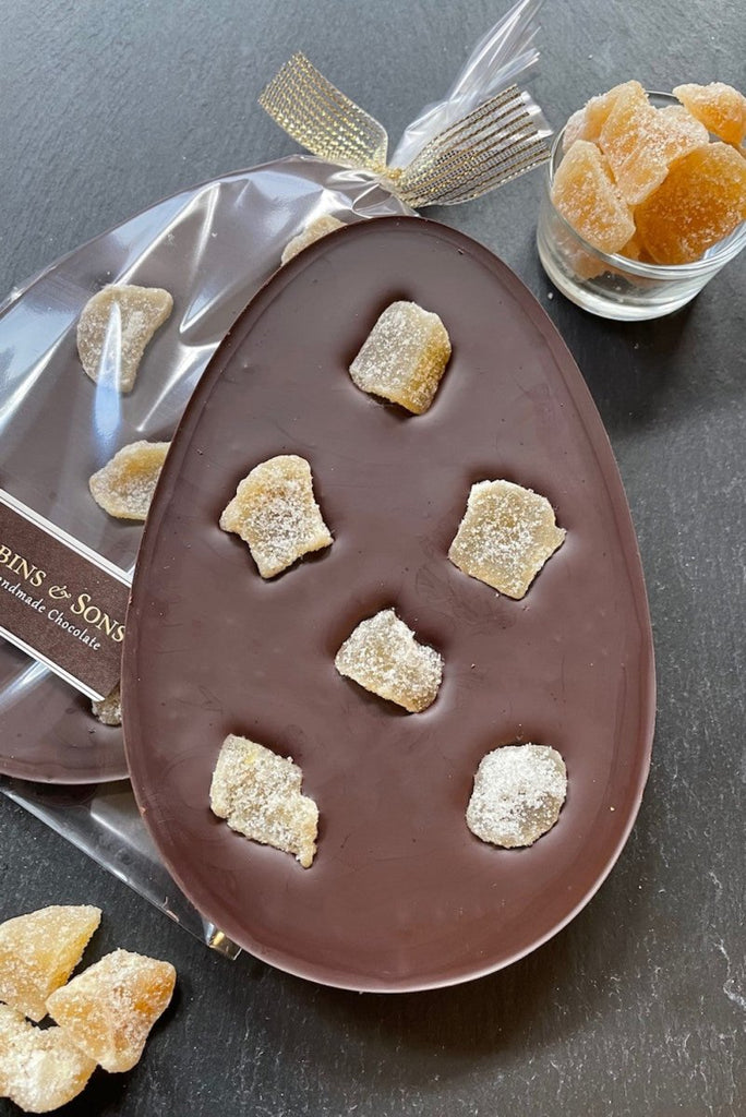 80% dark chocolate egg shaped bar with chunks of crystallised ginger