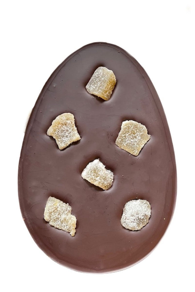 Egg shaped bar of 80% dark chocolate with chunks of crystallised ginger