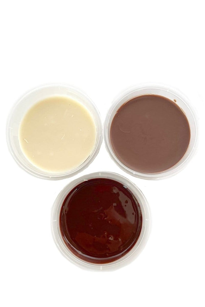 chocolate dipping box. Milk, white and dark chocolate melting pots