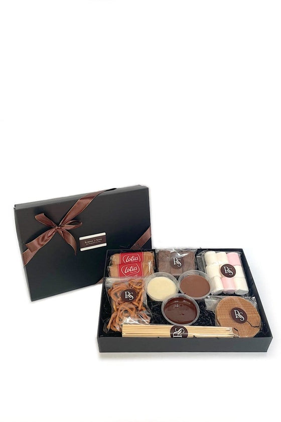 Chocolate Dipping box. chocolate fondue kit containing white, milk and dark chocolate melting pots and assorted sweet and savoury snacks for dipping.