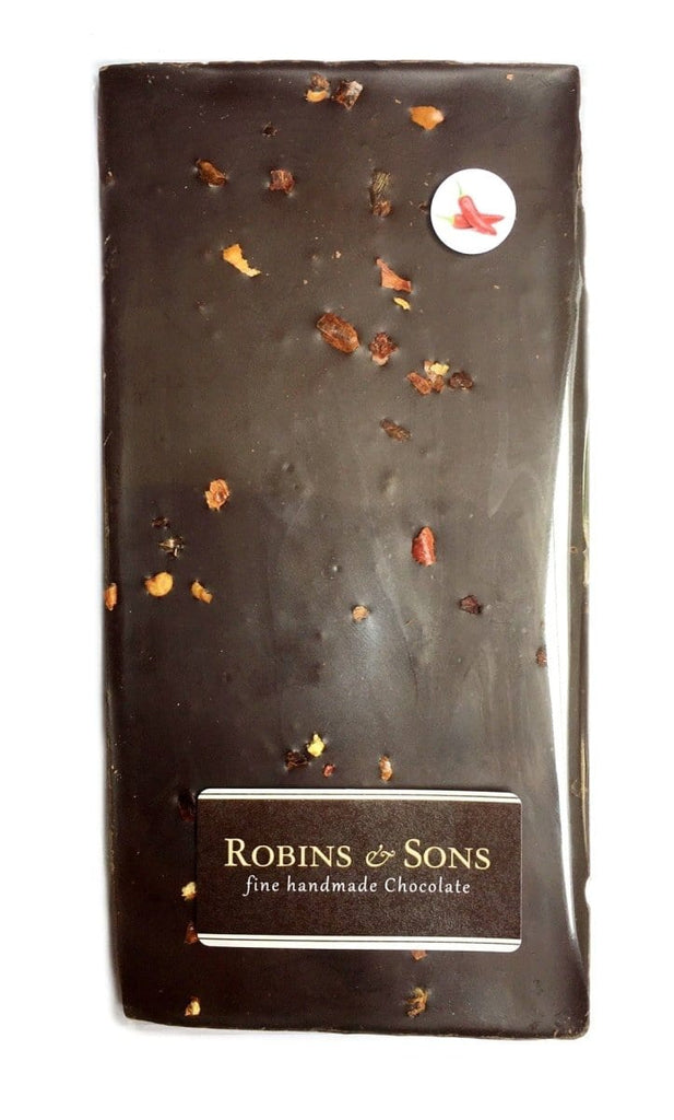 Easter dark chocolate gift bag. Handmade dark chocolate bar with chilli and cinnamon, topped with dried chilli flakes